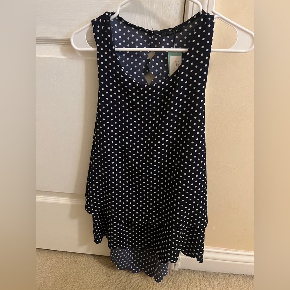 Papermoon Violeta Navy with White Dots Scallop Detail Blouse Size S NWT